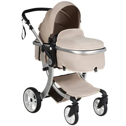 Beige convertible baby bassinet stroller with storage basket